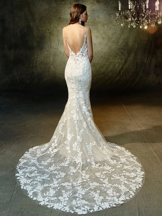Sexy Backless Wedding Dresses V-neck Mermaid Bridal Dress Lace Embroidery Vestido De Noiva Plus Size Custom Made