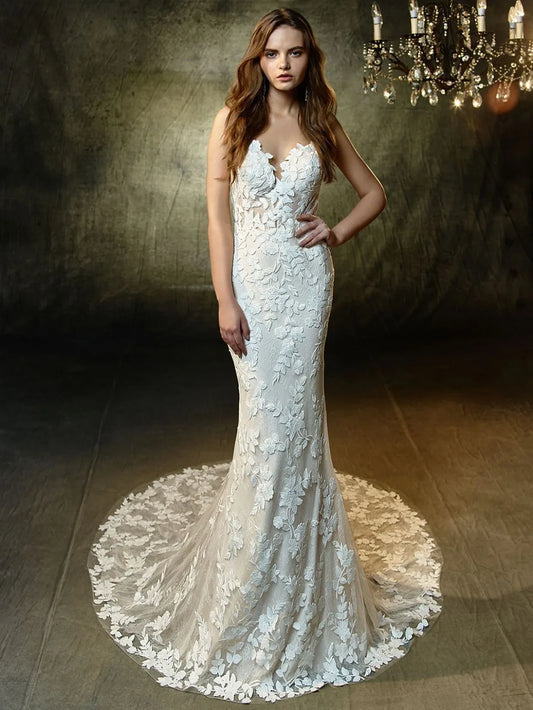 Sexy Backless Wedding Dresses V-neck Mermaid Bridal Dress Lace Embroidery Vestido De Noiva Plus Size Custom Made Ivory