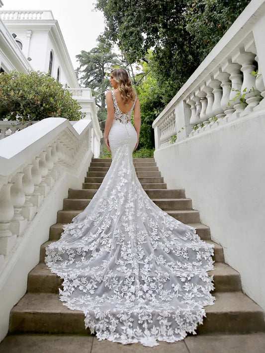 Vestido De Noiva Sexy V-neck Mermaid Lace Wedding DressTank Sleeve Bridal Robes Satin Court Train Bride Dresses