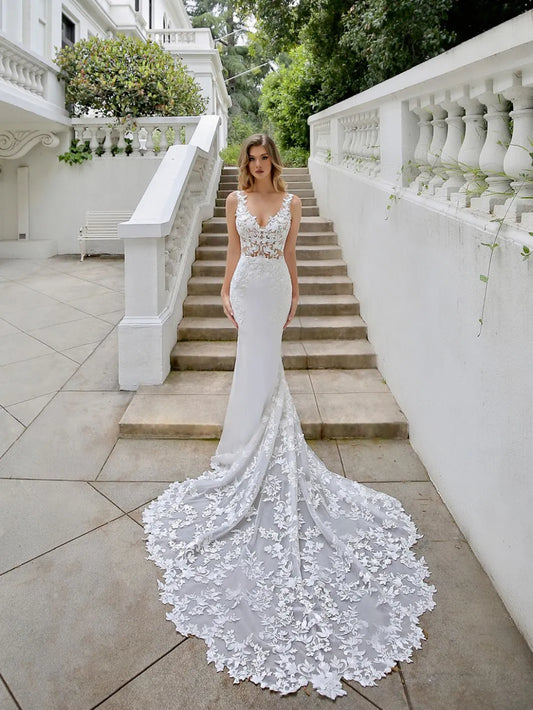 Vestido De Noiva Sexy V-neck Mermaid Lace Wedding DressTank Sleeve Bridal Robes Satin Court Train Bride Dresses Ivory