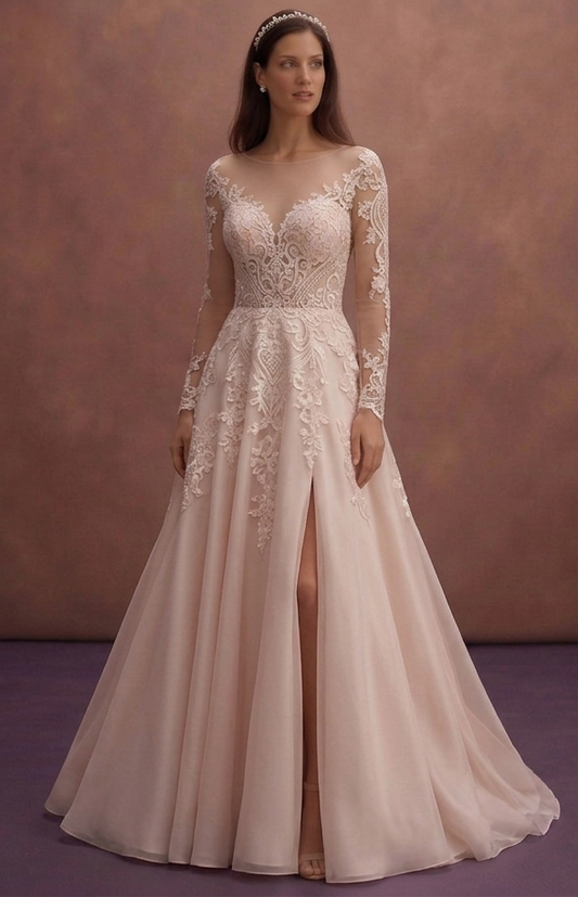 Blush A-Line Wedding Dress with Illusion Neckline