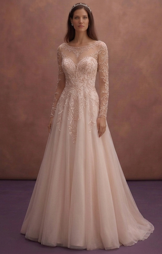 Blush A-Line Wedding Dress with Illusion Neckline Style
