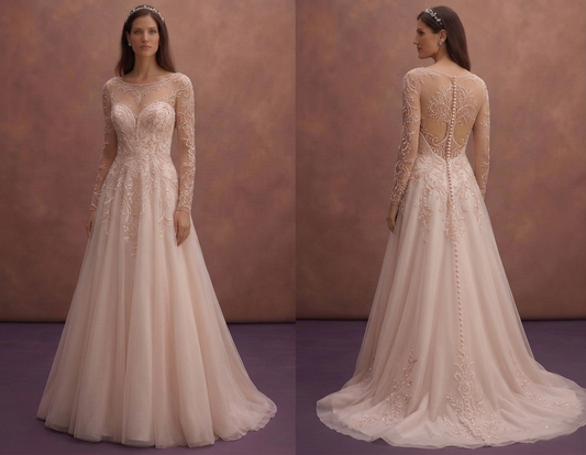 Blush A-Line Wedding Dress with Illusion Neckline Style