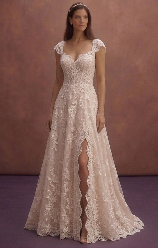 Blush A-Line Wedding Dress with Romantic Lace Overlay
