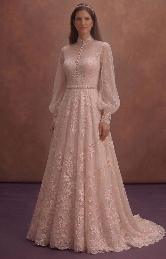 Blush A-Line Wedding Dress with Romantic Lace Overlay