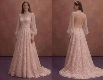 Blush A-Line Wedding Dress with Romantic Lace Overlay