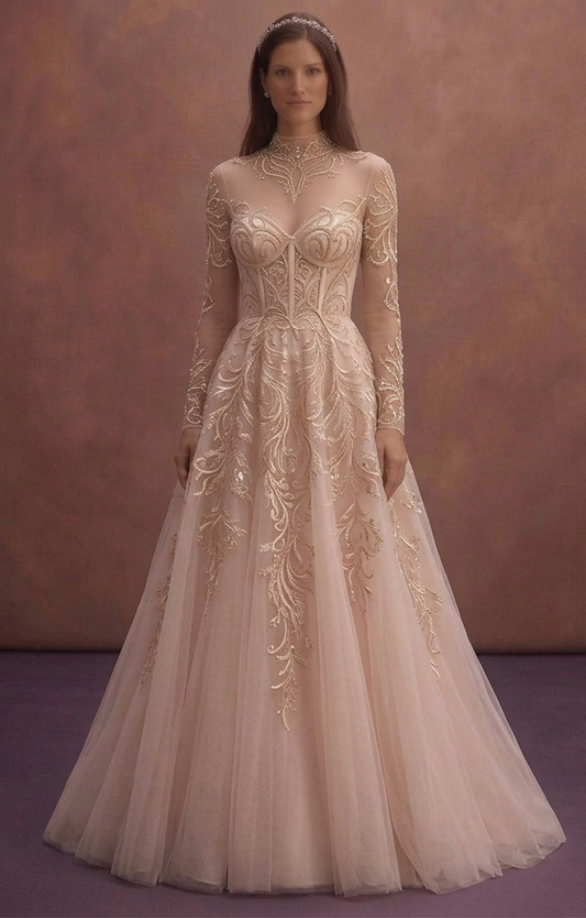 Blush A-Line Wedding Dress with Sheer Neckline Design