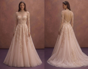 Blush A-Line Wedding Dress with Sheer Neckline Design