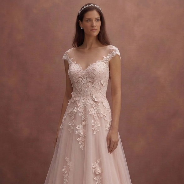 Blush A-Line Wedding Dress with Soft Lace Overlay