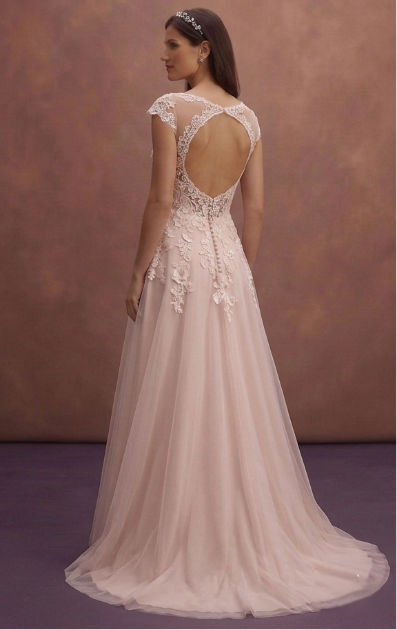 Blush A-Line Wedding Dress with Soft Lace Overlay