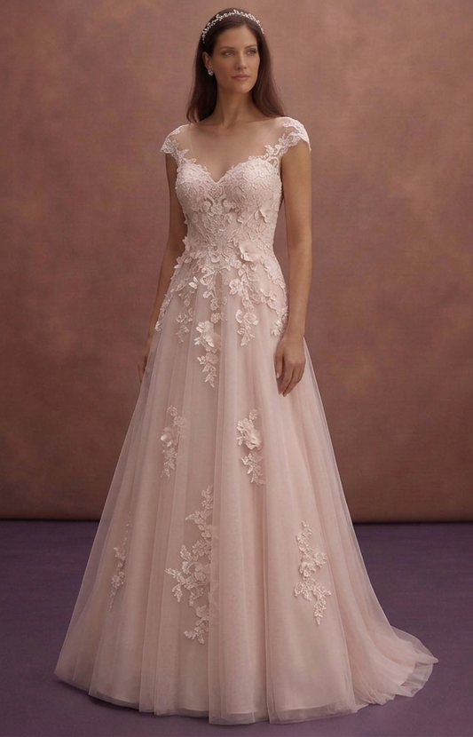 Blush A-Line Wedding Dress with Soft Lace Overlay