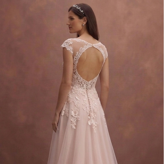 Blush A-Line Wedding Dress with Soft Lace Overlay