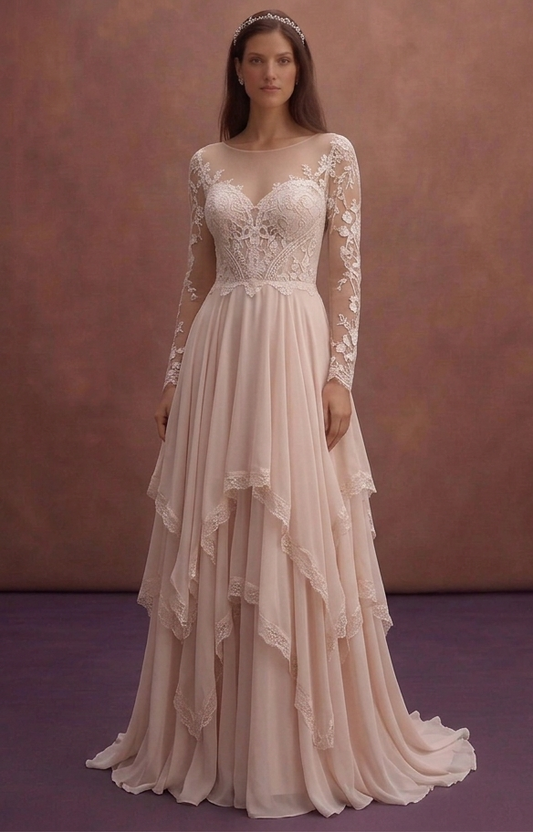 Blush Boho Wedding Dress with Flowing Chiffon Layered Skirt