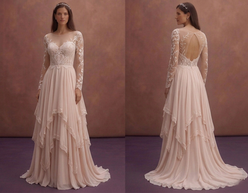 Blush Boho Wedding Dress with Flowing Chiffon Layered Skirt