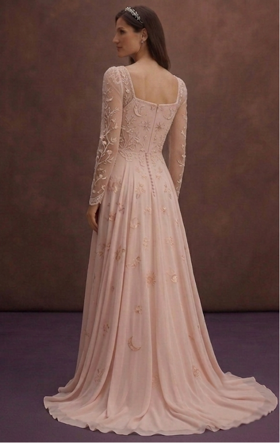 Blush Boho Wedding Dress with Flowing Chiffon Skirt