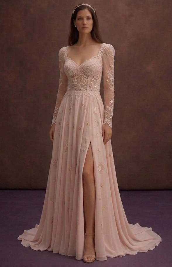Blush Boho Wedding Dress with Flowing Chiffon Skirt