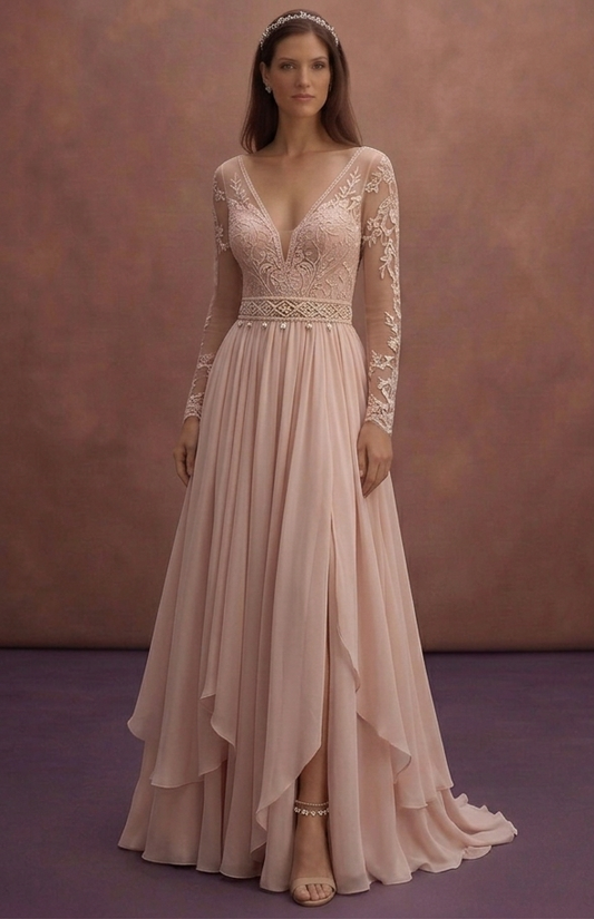 Blush Boho Wedding Dress with Flowing Chiffon Skirt