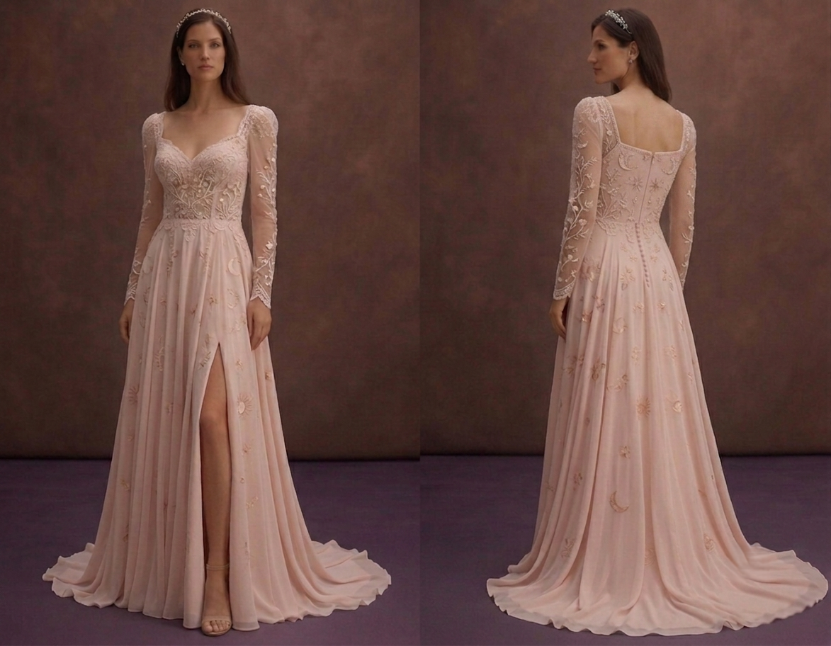 Blush Boho Wedding Dress with Flowing Chiffon Skirt