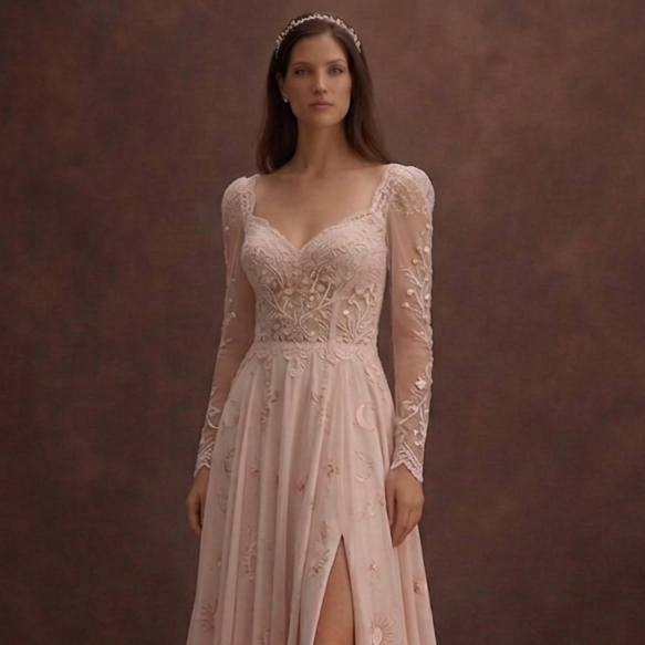 Blush Boho Wedding Dress with Flowing Chiffon Skirt