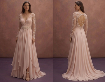 Blush Boho Wedding Dress with Flowing Chiffon Skirt