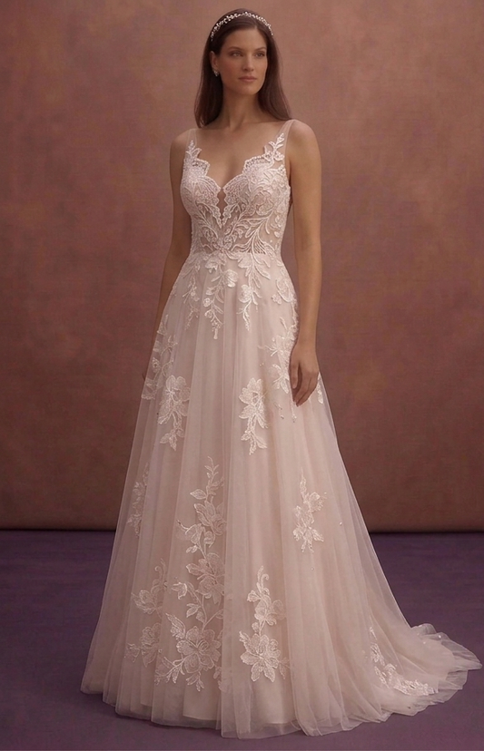 Blush Floral Lace Wedding Dress with A-Line Flow