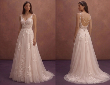 Blush Floral Lace Wedding Dress with A-Line Flow