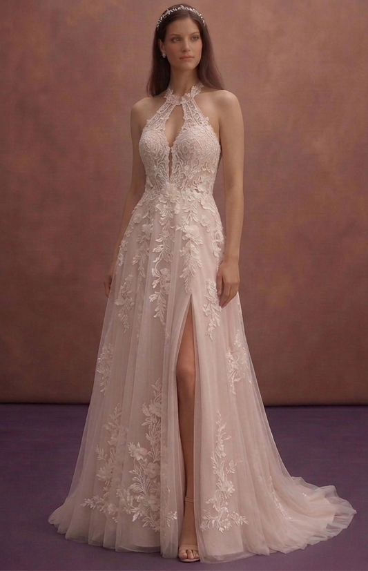 Blush Floral Lace Wedding Dress with A-Line Skirt