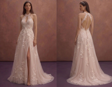 Blush Floral Lace Wedding Dress with A-Line Skirt