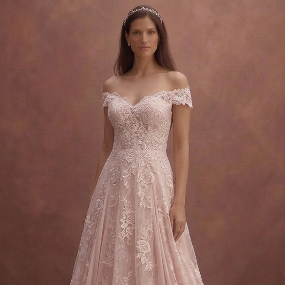 Blush Floral Lace Wedding Dress with Flowing A-Line Shape