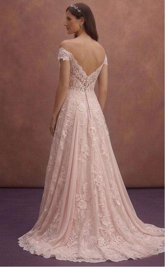 Blush Floral Lace Wedding Dress with Flowing A-Line Shape