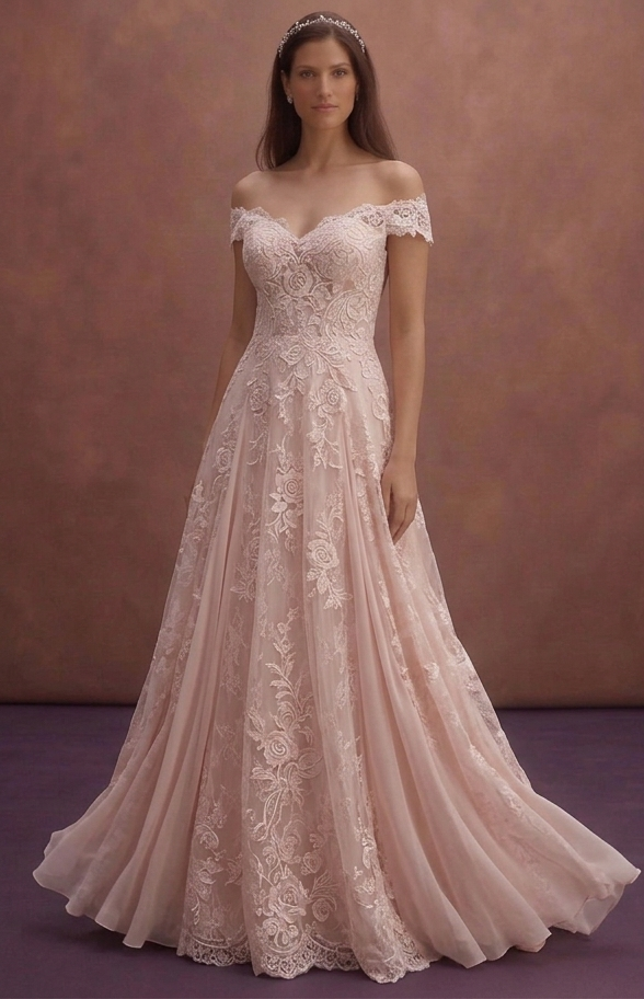 Blush Floral Lace Wedding Dress with Flowing A-Line Shape