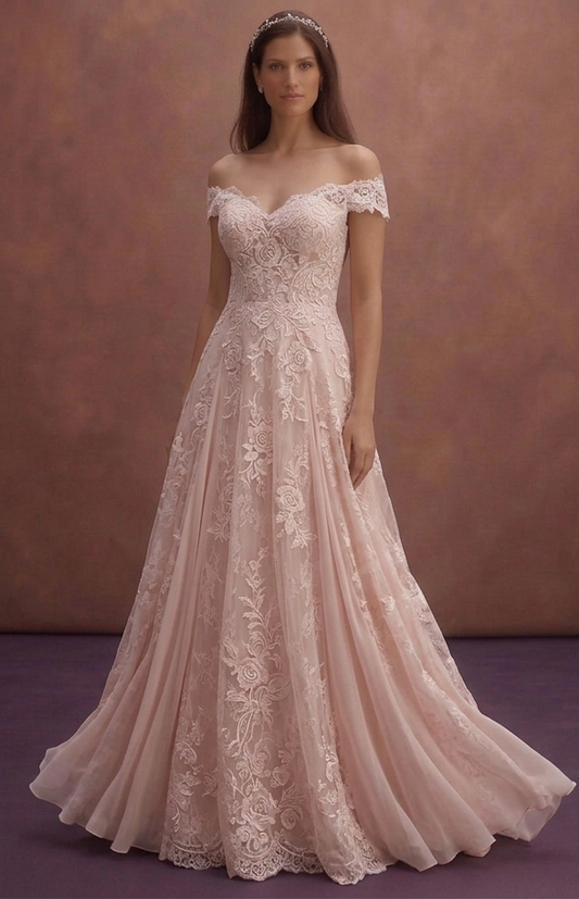 Blush Floral Lace Wedding Dress with Flowing A-Line Shape