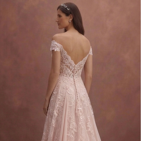 Blush Floral Lace Wedding Dress with Flowing A-Line Shape