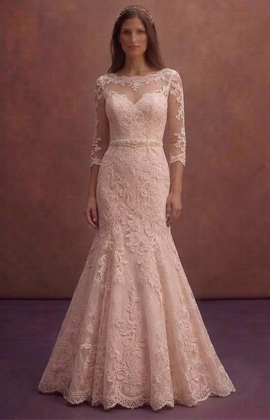 Blush Lace Wedding Dress with Elegant Fit and Flare