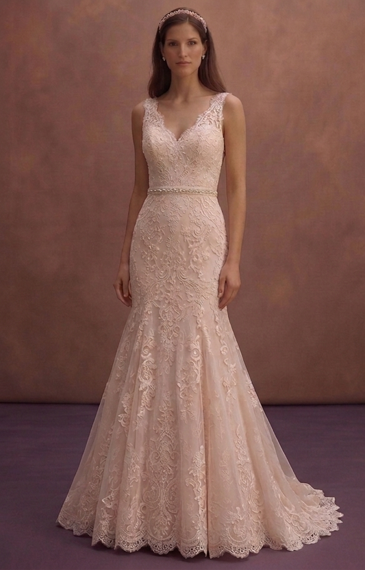 Blush Lace Wedding Dress with Fit and Flare Elegant Shape
