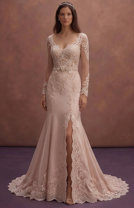 Blush Lace Wedding Dress with Fit and Flare Silhouette