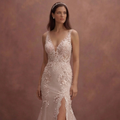 Blush Mermaid Wedding Dress with Lace Appliqué Train