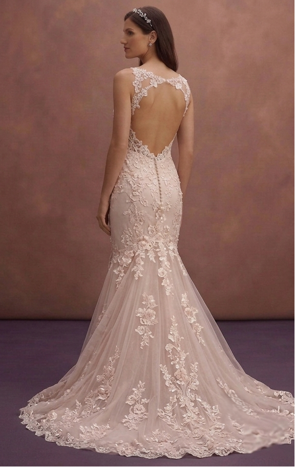 Blush Mermaid Wedding Dress with Lace Appliqué Train