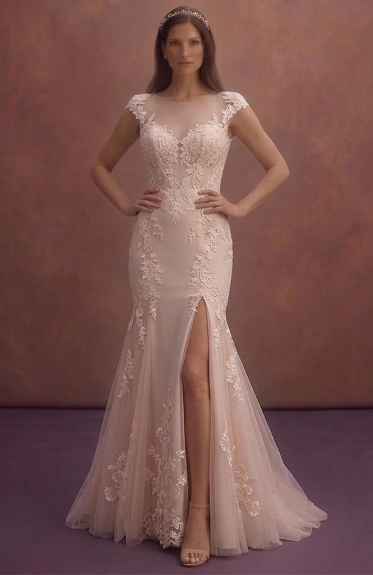 Blush Mermaid Wedding Dress with Lace Appliqué Train