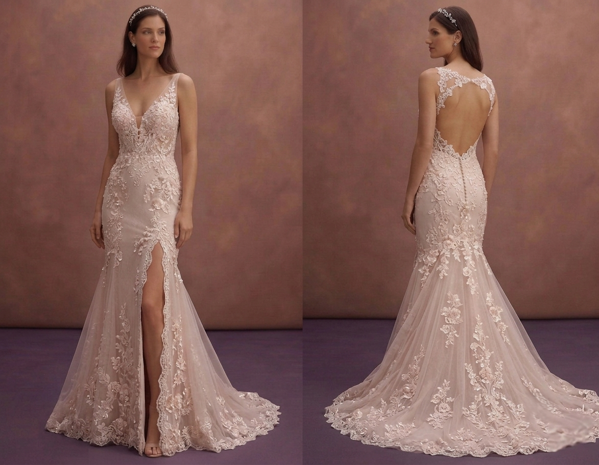 Blush Mermaid Wedding Dress with Lace Appliqué Train