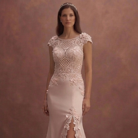 Blush Mermaid Wedding Dress with Lace Train Detail