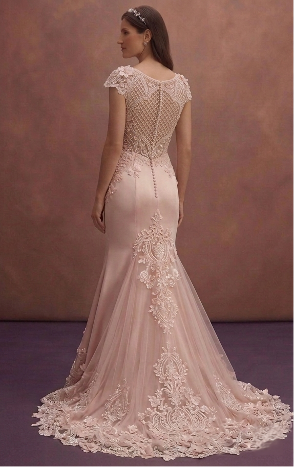 Blush Mermaid Wedding Dress with Lace Train Detail