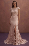 Blush Mermaid Wedding Dress with Lace Train Detail