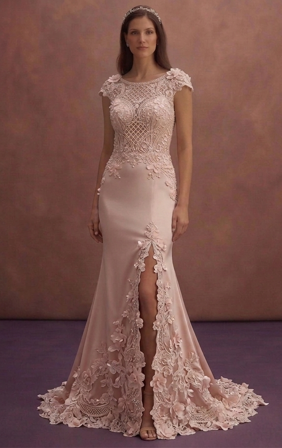 Blush Mermaid Wedding Dress with Lace Train Detail