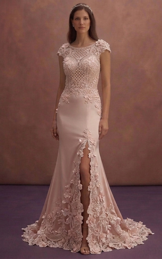 Blush Mermaid Wedding Dress with Lace Train Detail