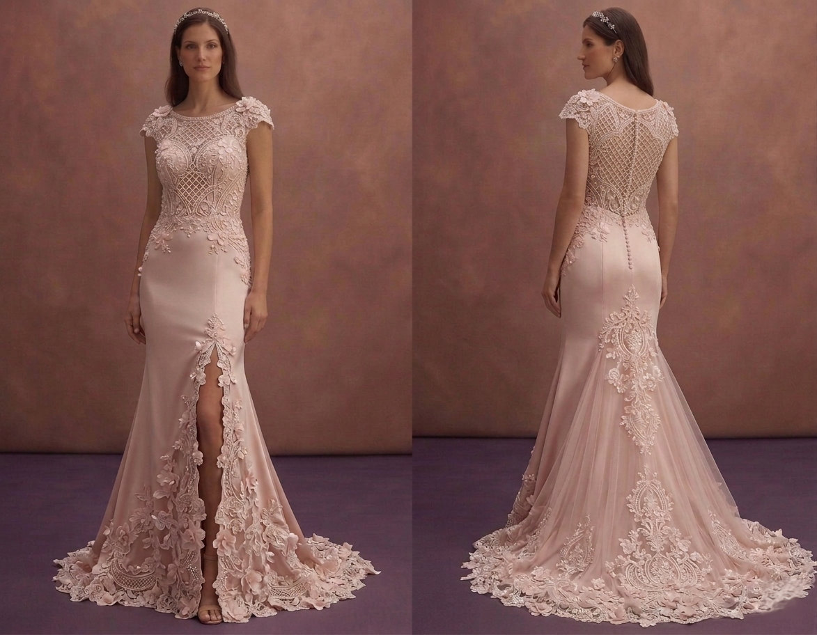 Blush Mermaid Wedding Dress with Lace Train Detail