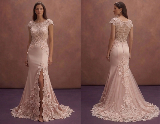 Blush Mermaid Wedding Dress with Lace Train Detail