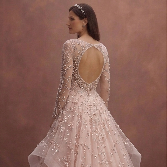 Blush Pink Tulle Ball Gown Wedding Dress with Beaded Bodice