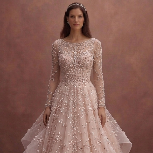Blush Pink Tulle Ball Gown Wedding Dress with Beaded Bodice