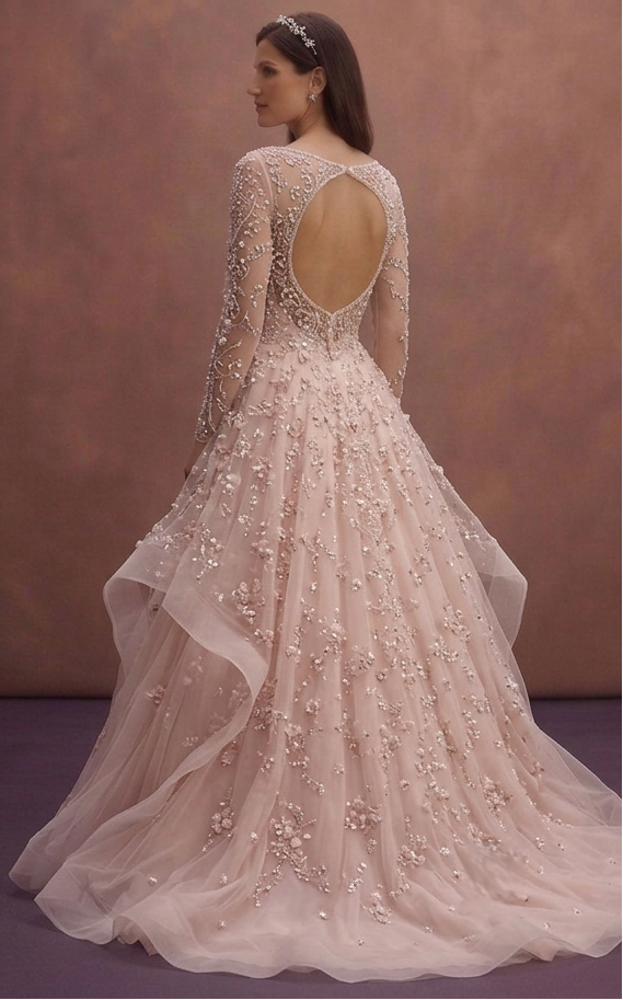 Blush Pink Tulle Ball Gown Wedding Dress with Beaded Bodice